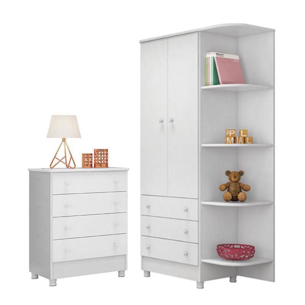 Jogo De Quarto Doce Sonho Guarda Roupa 2 Portas E Cômoda 4 Gavetas Branco Com Pés - Qmovi Branco - 1