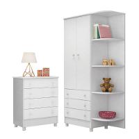 Jogo De Quarto Doce Sonho Guarda Roupa 2 Portas E Cômoda 4 Gavetas Branco Com Pés - Qmovi Branco - 1