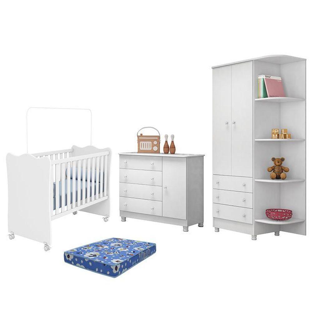 Dormitório Doce Sonho 2 Portas, Cômoda 1 Porta, Berço Branco Com Rodízio E Colchão - Qmovi Branco - 1