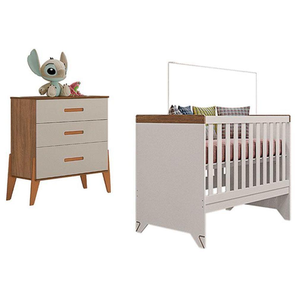 Berço Americano Retro Maya Com Cômoda Gaveteiro Emilly Off White Carvalho - Canaã - 1