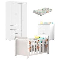 Quarto De Bebê Duda 3 Portas E Berço Americano Lara Branco Brilho Com Colchão Gazin – Phoenix Baby - 1