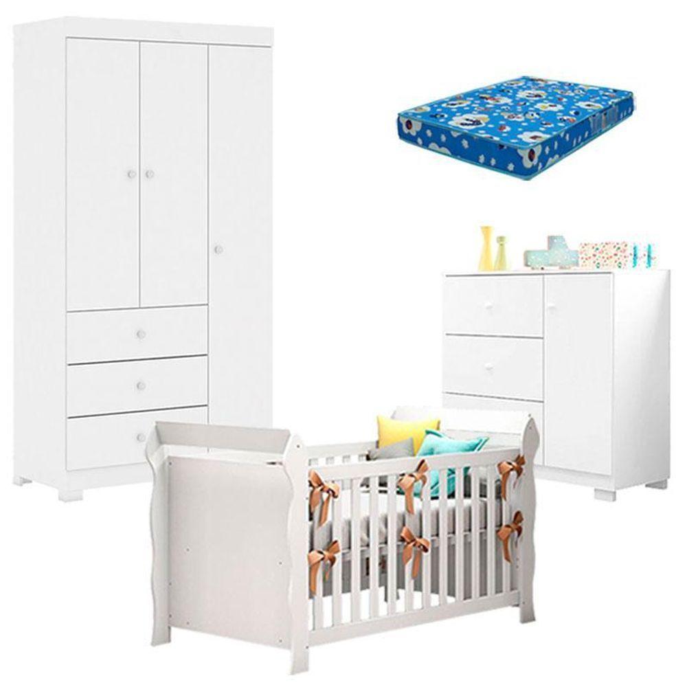 Quarto De Bebê Duda 3 Portas E Berço Americano Lara Branco Brilho Com Colchão Ortobom – Phoenix Baby - 1
