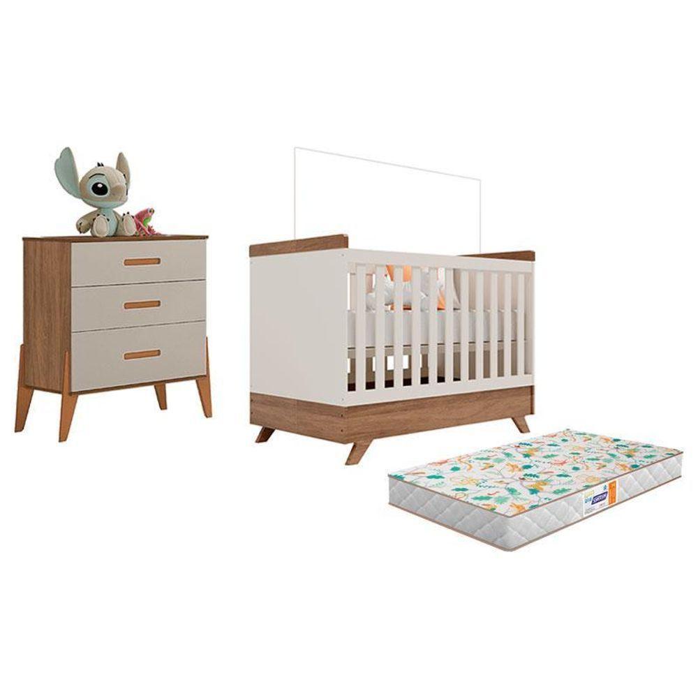 Berço Americano Retro Vitória E Cômoda Gaveteiro Infantil Emilly Off White Carvalho Com Colchão Gazin - Canaã - 1