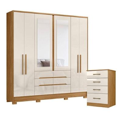 Guarda Roupa Casal e Cômoda San Francisco Ms913 6 Portas Giratórias 6 Gavetas MDP Freijó Off White