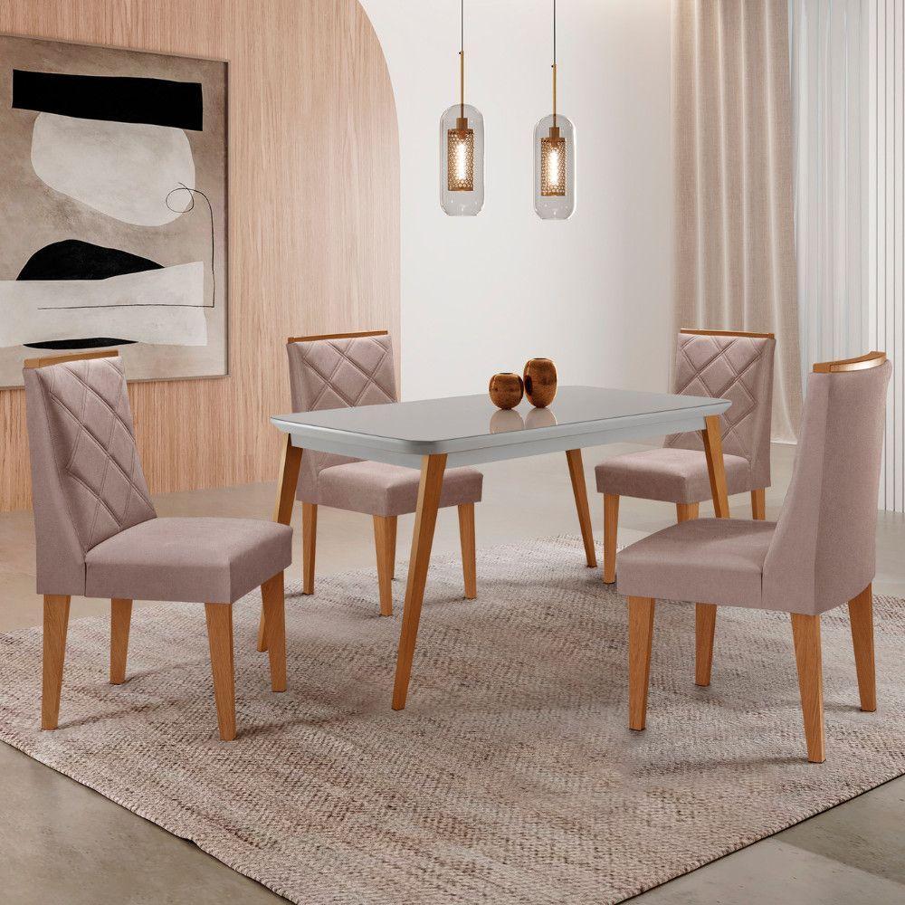 Mesa De Jantar Copper 120cm Mdf Vidro Com 4 Cadeiras Moderna Linho Capuccino/off/nat/serig. Off - 1