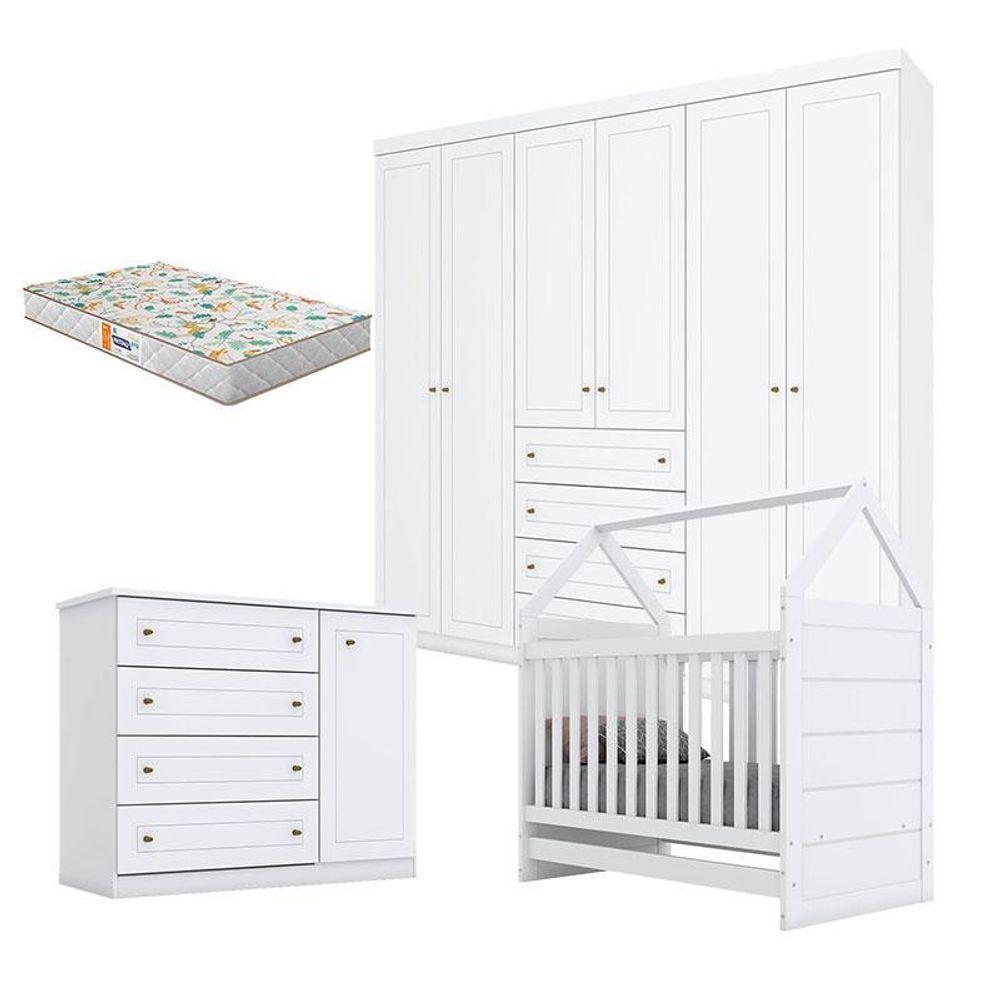 Quarto De Bebê Mississipi 6 Portas Com Berço Montessoriano Branco Hp E Colchão Gazin - Henn - 1
