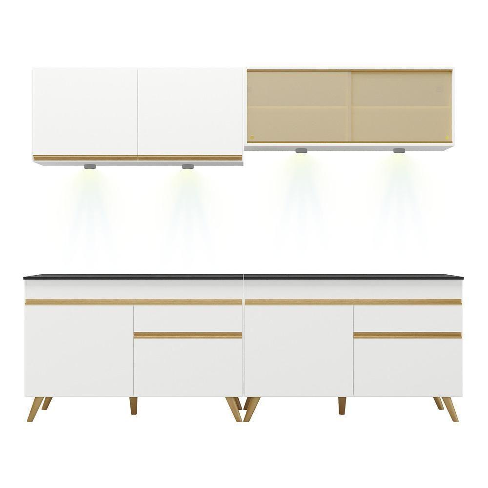 Armário De Cozinha Compacta 240cm Com Leds Veneza Up Multimóveis V2021 Branco/dourado Branco/dourado - 2