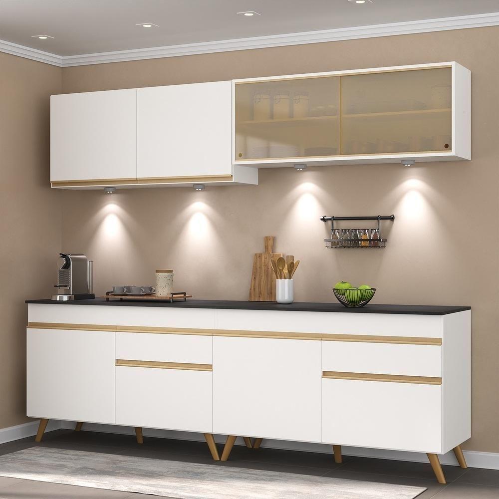 Armário De Cozinha Compacta 240cm Com Leds Veneza Up Multimóveis V2021 Branco/dourado Branco/dourado - 6