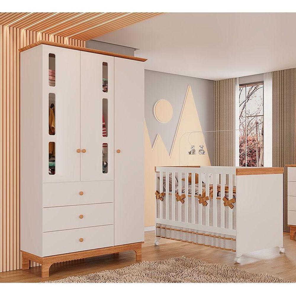 Berço Americano Mini Cama Com Guarda Roupa Infantil Antonella 3 Portas Off White Caramelo - Canaã - 8