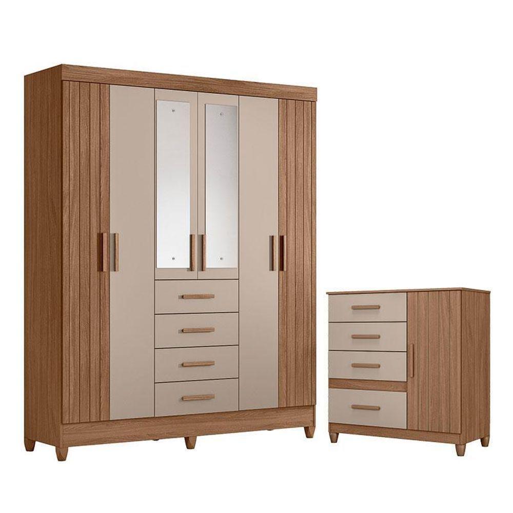 Guarda Roupa Solteiro Aruba Com Espelho E Cômoda Vênus Com Pés Carvalho Fendi – Moval - 1