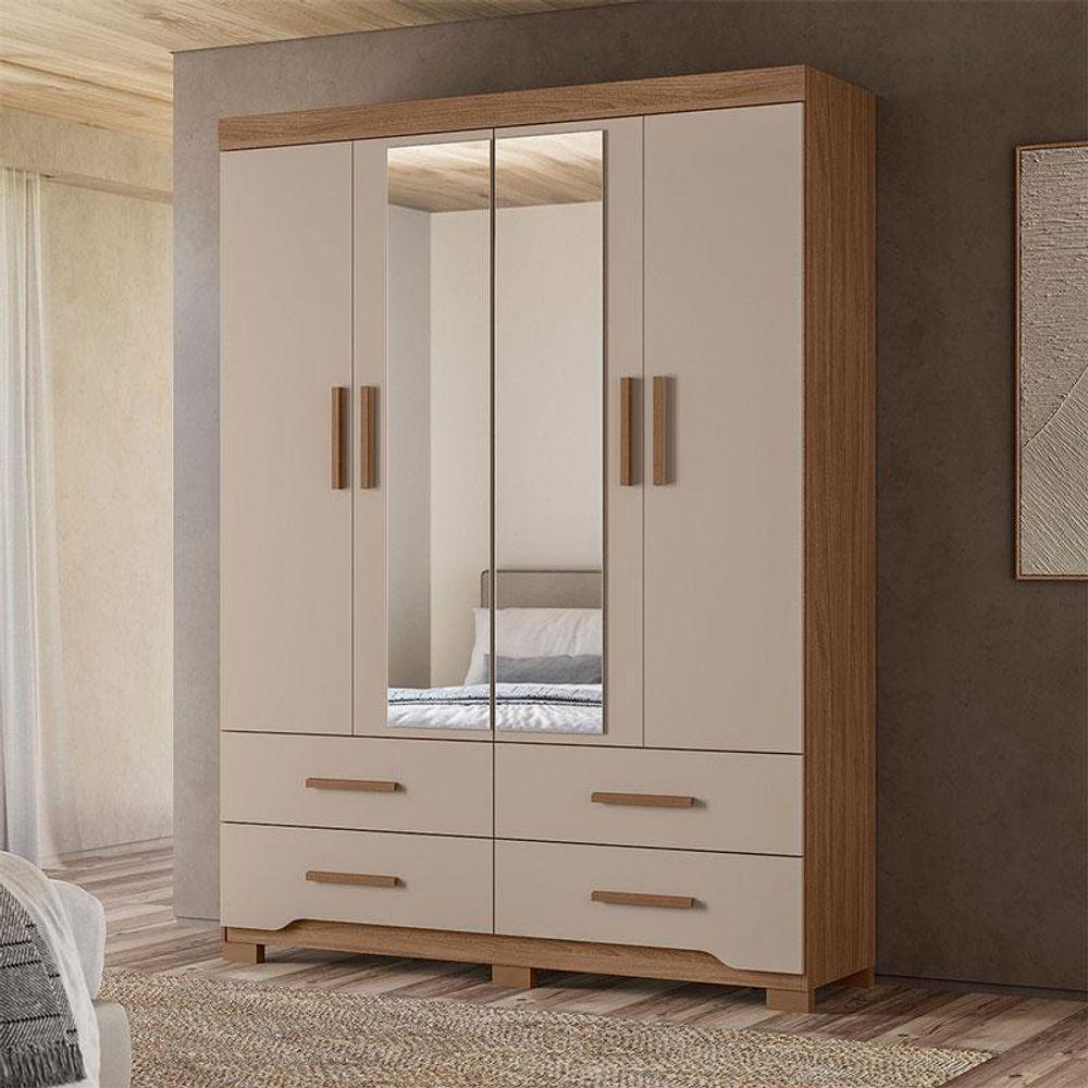 Guarda Roupa Solteiro Ambiente Miami 4 Portas Carvalho Fendi Com Espelho - Moval - 1