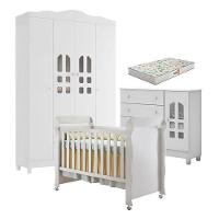 Quarto De Bebê New Selena 4 Portas Com Cômoda Selena E Berço Mirelle Branco Brilho E Colchão Gazin – Carolina Móveis - 1