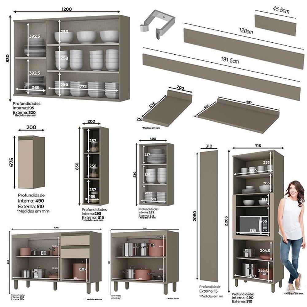 Cozinha Completa 8 Peças Connect Duna/cristal Com Aéreo Vidro E Rodapé - Móveis Henn Duna/cristal - 4