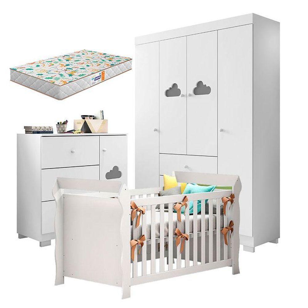 Quarto De Bebê Ane Com Berço Americano Lara Branco Brilho Com Colchão Gazin – Phoenix Baby - 1