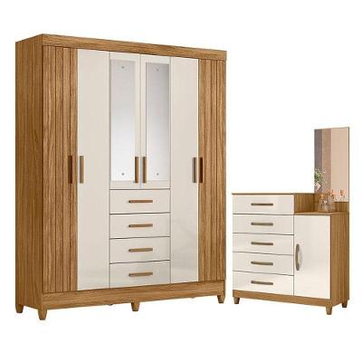 Guarda Roupa Solteiro com Cômoda Aruba Lisboa 6 Portas 4 Gavetas MDF MDP Freijó Off White Brilho