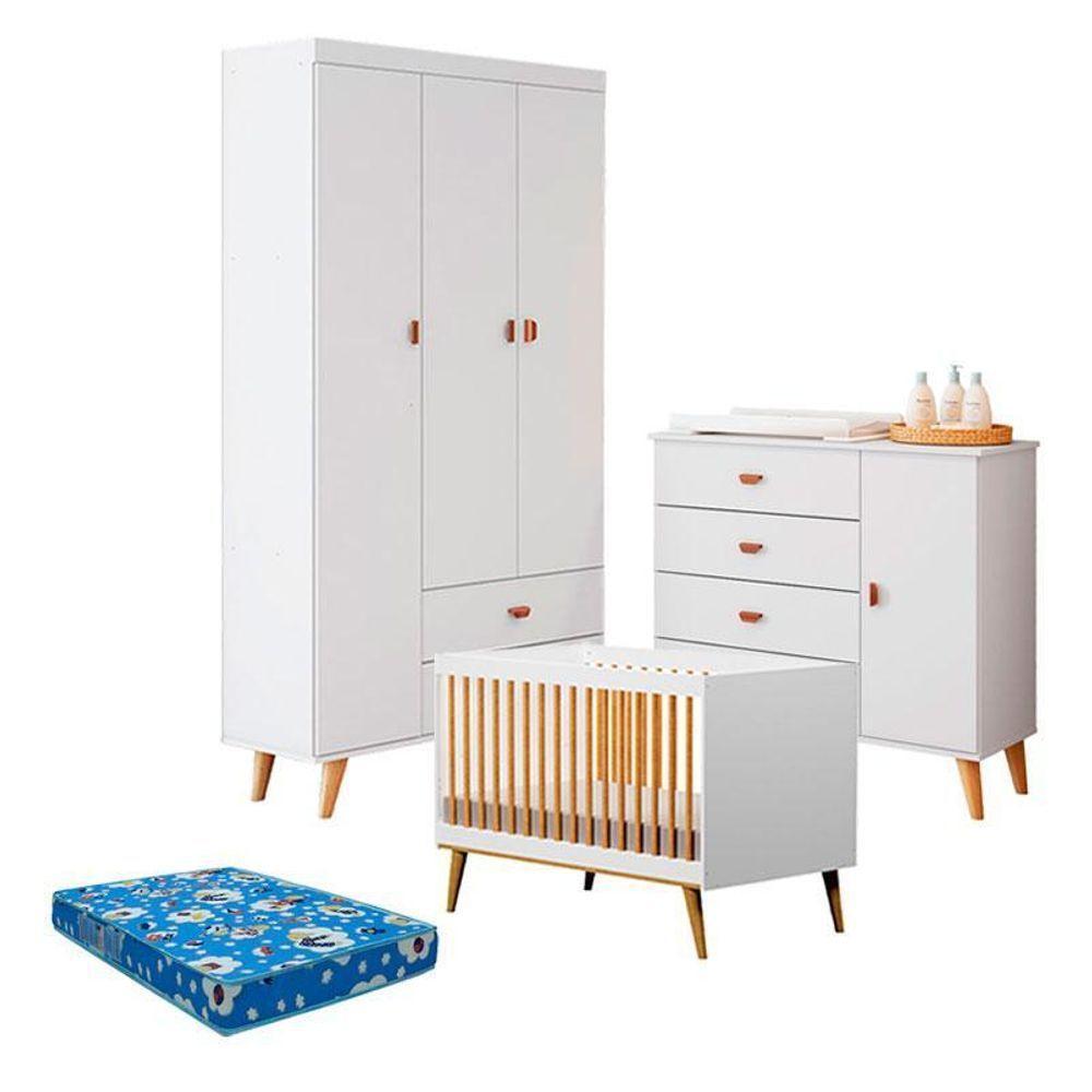 Quarto De Bebê Duda Com Berço Americano Ligia Branco Acetinado Bétula E Colchão Ortobom – Carolina Móveis - 1
