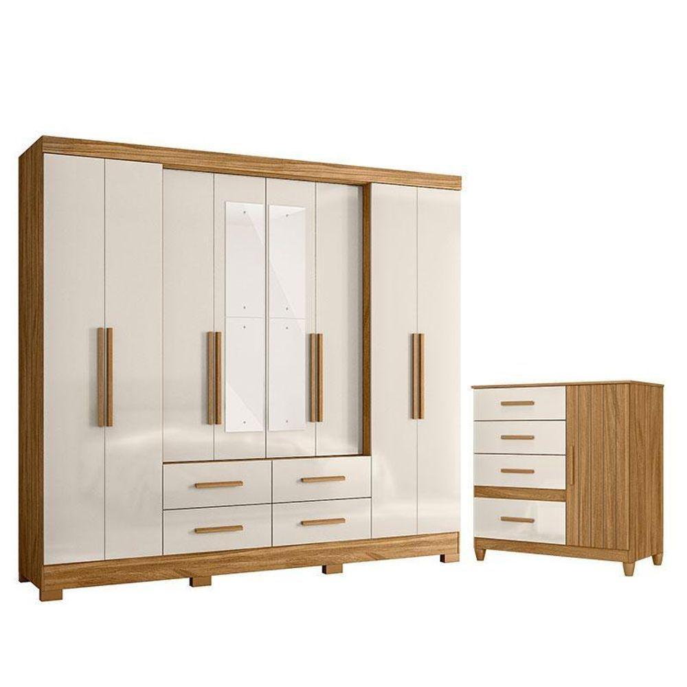 Guarda Roupa Casal San Lorenzo Com Espelho E Cômoda Vênus Com Pés Freijó Off White – Moval - 1