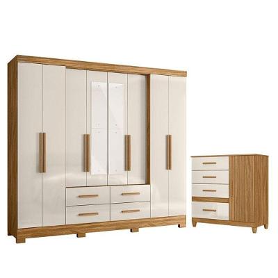 Guarda Roupa Casal San Lorenzo com Espelho e Cômoda Vênus 8 Portas 4 Gavetas MDP Freijó Off White