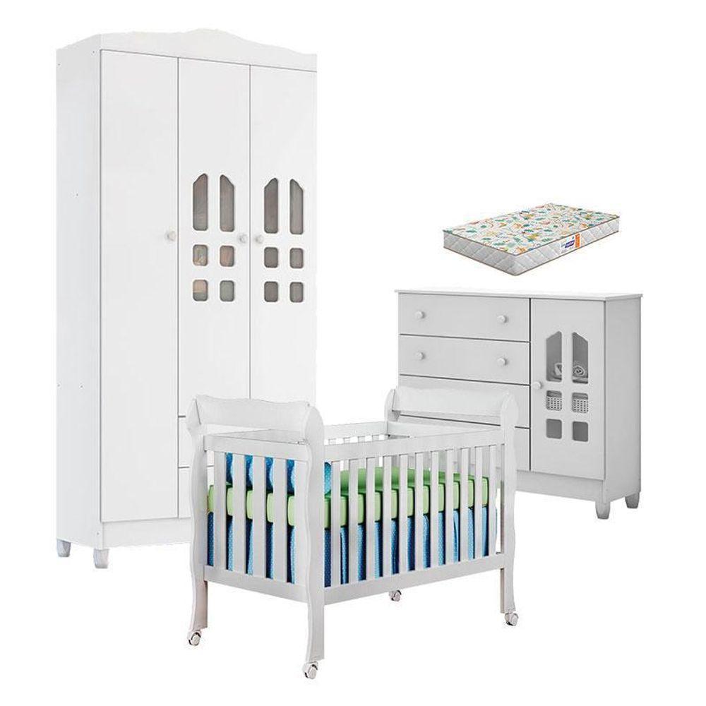 Quarto De Bebê New Selena 3 Portas Com Berço Lila E Cômoda Selena Branco Brilho E Colchão Gazin – Carolina Móveis - 1