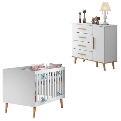 Berço Americano e Cômoda Infantil Ludmila 4 Gavetas MDF 133cm Branco Bétula Carolina