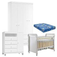 Quarto De Bebê 4 Portas Ternura Baby Com Berço Mirelle Branco Brilho Com Colchão Para Berço Americano - Incorplac - 1