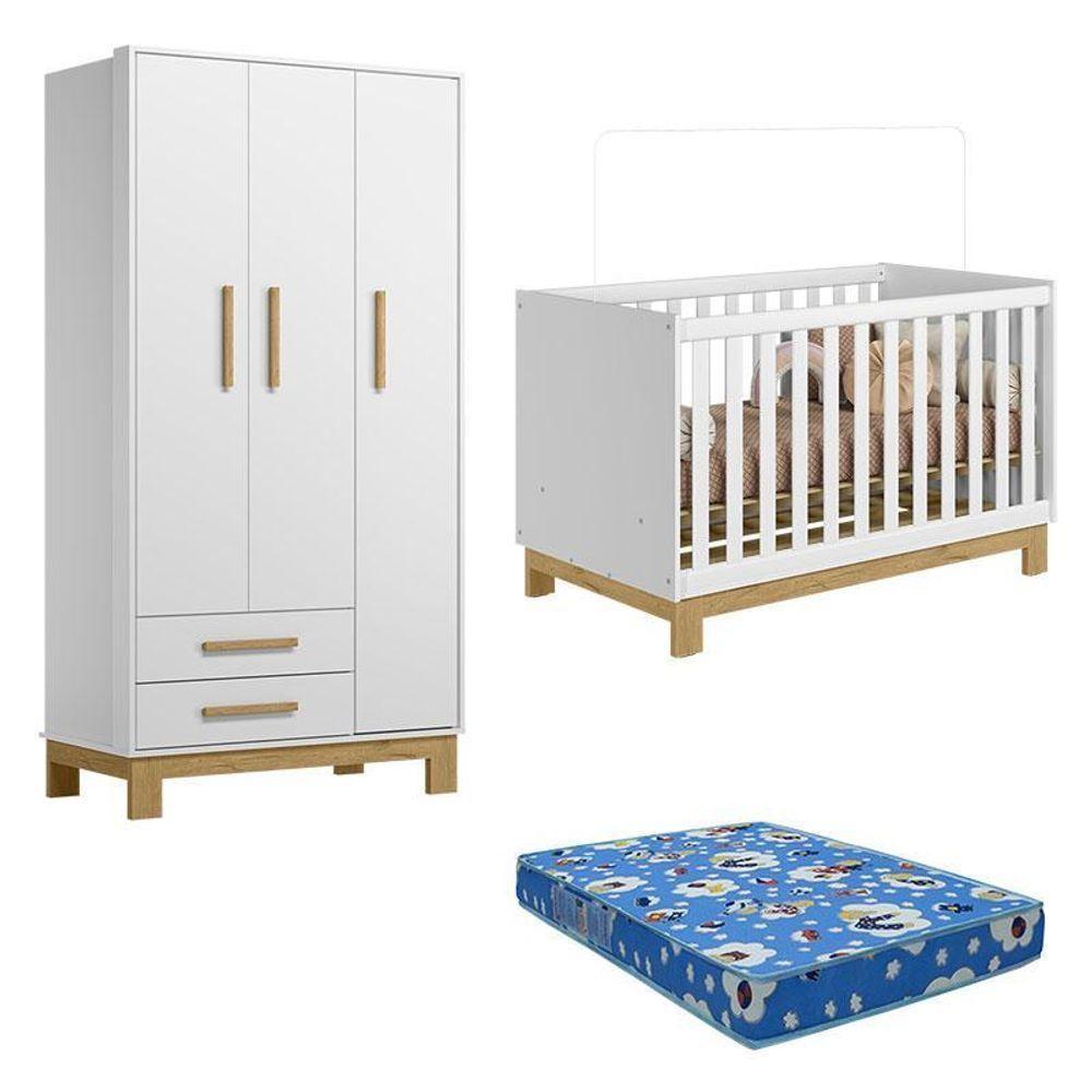 Berço Americano 4315 E Guarda Roupa 4340 Q Encanto Slim Branco Acetinado Com Colchão Ortobom – Qmovi - 1