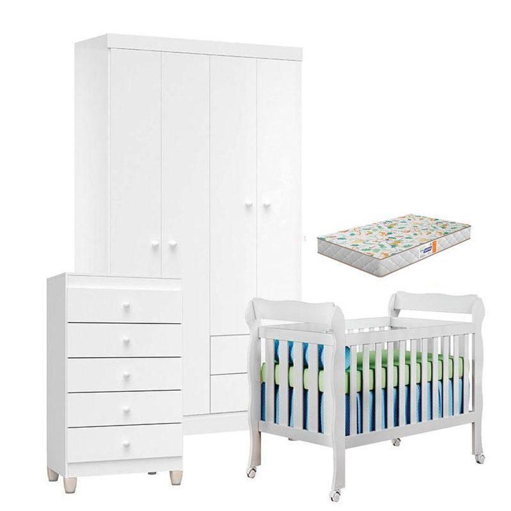 Quarto De Bebê 4 Portas Com Gaveteiro Ternura Baby E Berço Lila Branco Brilho Com Colchão Gazin - Incorplac - 1