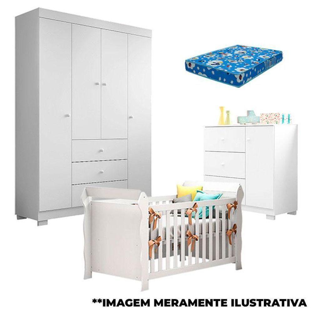Quarto De Bebê Duda 4 Portas E Berço Americano Lara Branco Brilho Com Colchão – Phoenix Baby - 1