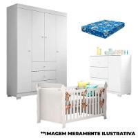 Quarto De Bebê Duda 4 Portas E Berço Americano Lara Branco Brilho Com Colchão – Phoenix Baby - 1