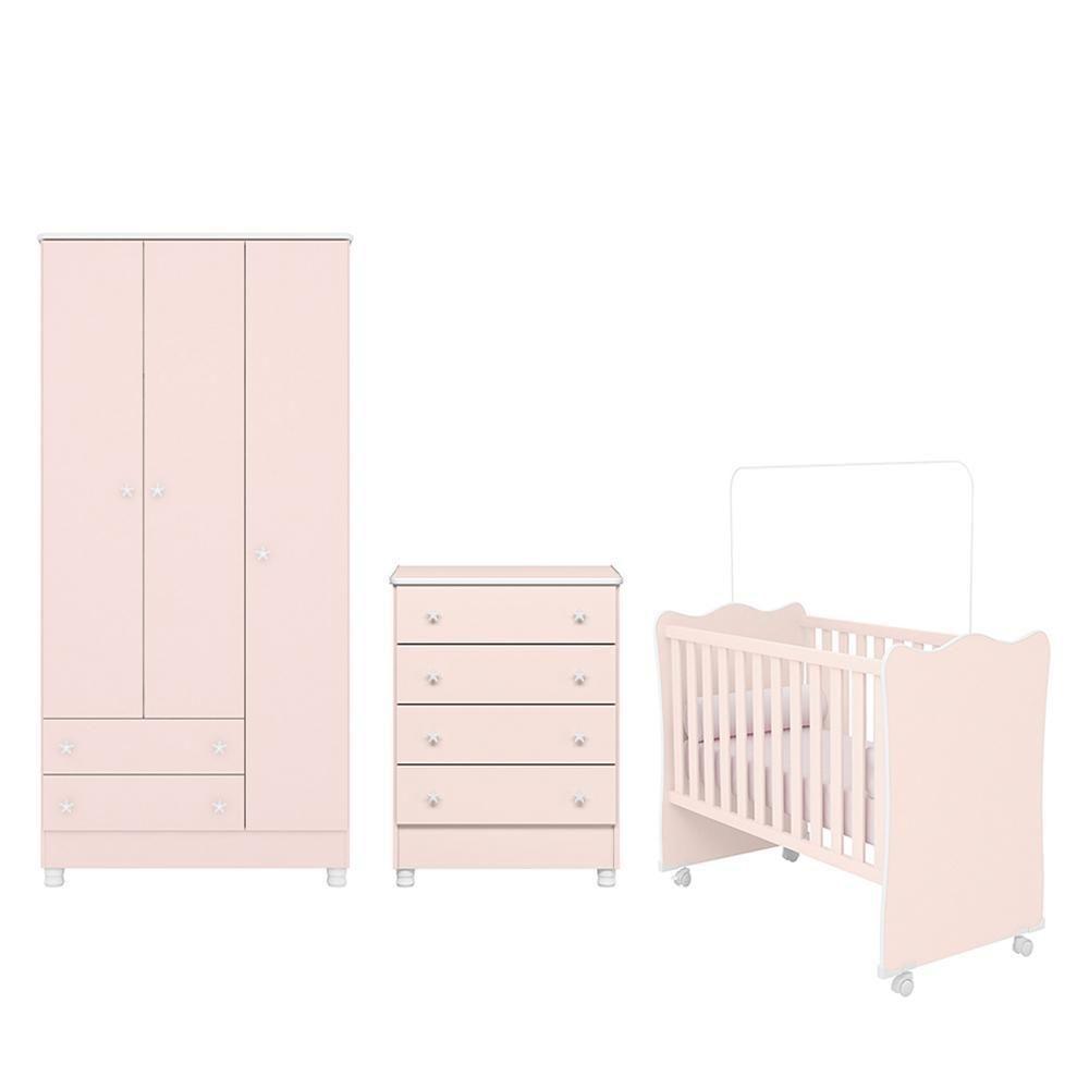 Dormitório Infantil Doce Sonho 3 Portas, Cômoda 4 Gavetas E Berço Rosa Acetinado Com Rodízio - Qmovi Rosa Acetinado - 1
