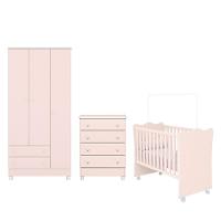 Dormitório Infantil Doce Sonho 3 Portas, Cômoda 4 Gavetas E Berço Rosa Acetinado Com Rodízio - Qmovi Rosa Acetinado - 1