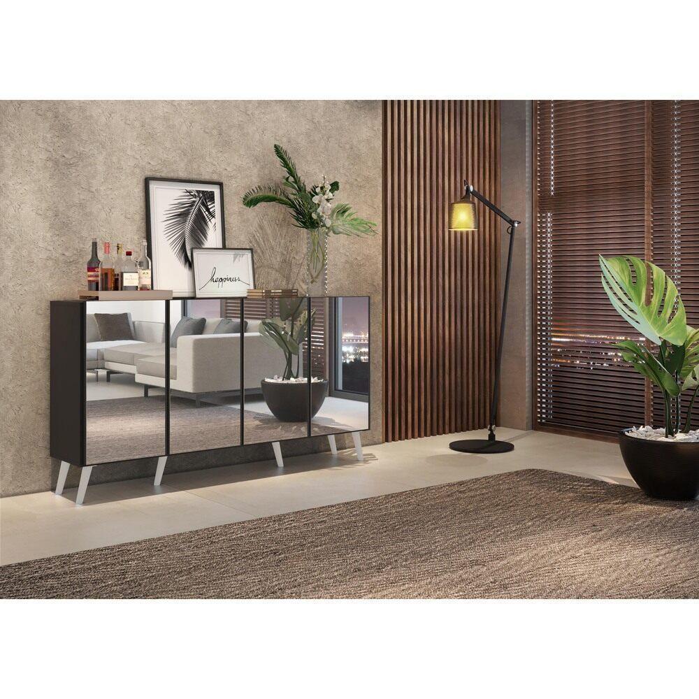 Aparador Buffet 4 Portas Com Espelho Retrô Vegas Multimóveis V3559 Preto/Branco Preto/Branco - 2