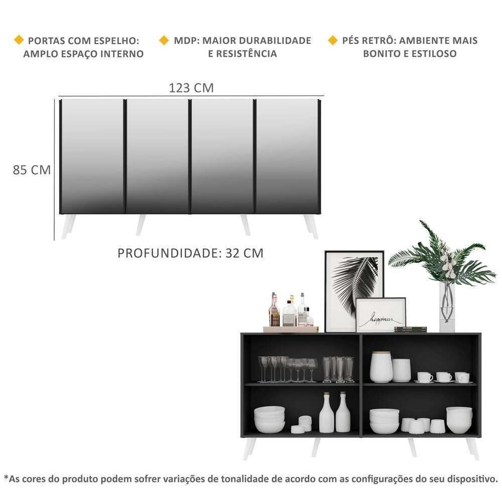 Aparador Buffet 4 Portas Com Espelho Retrô Vegas Multimóveis V3559 Preto/Branco Preto/Branco - 6