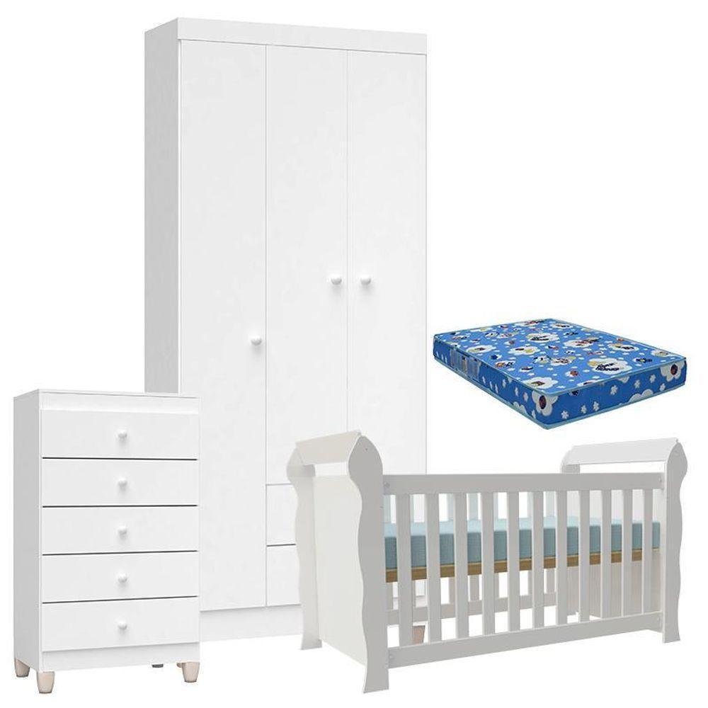 Quarto De Bebê 3 Portas Com Gaveteiro Ternura Baby E Berço Lara Branco Brilho Com Colchão - Incorplac - 1