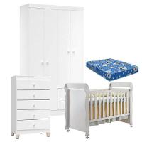 Quarto De Bebê 4 Portas Com Gaveteiro Ternura Baby E Berço Mirelle Branco Brilho Com Colchão - Incorplac - 1