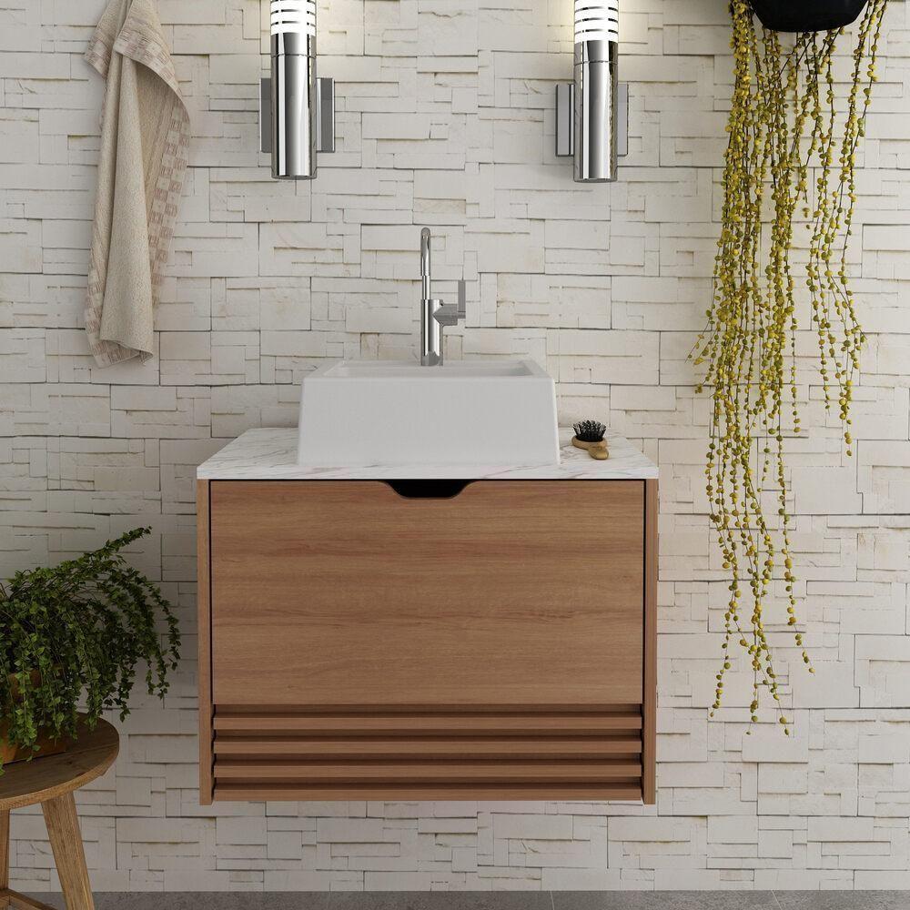 Gabinete Banheiro 1 Porta 1 Gaveta 60Cm Suspenso Multimóveis Vcr10091 Amêndoa/Amêndoa/Mármore Branco - 6