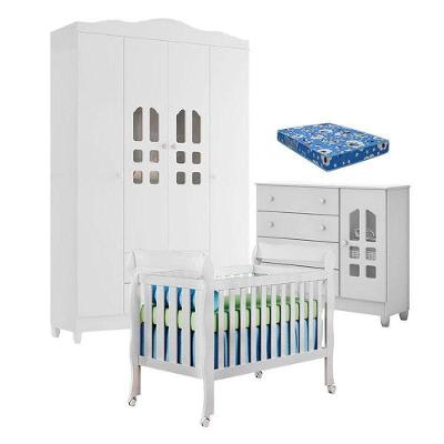 Quarto De Bebê New Selena 4 Portas Com Berço Lila E Cômoda Selena Branco Brilho E Colchão Ortobom – Carolina Móveis