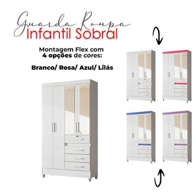 Guarda Roupa Solteiro Infantil Sobral 4 Portas Bater 4 Gavetas Branco Flex Moval