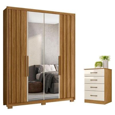 Guarda Roupa Solteiro e Cômoda Califórnia Ms913 4 Portas 3 Gavetas MDP com Espelho Freijó Off White