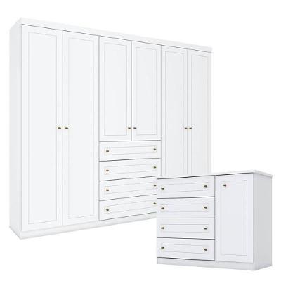 Kit Cômoda e Guarda Roupa Casal Americano 6 Portas 4 Gavetas em MDF e MDP Branco HP