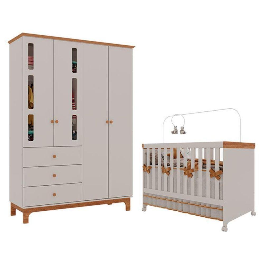 Berço Americano Mini Cama Com Guarda Roupa Infantil Antonella 4 Portas Off White Caramelo - Canaã - 1