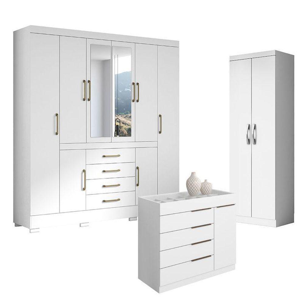 Guarda Roupa Casal Nápole 2045149 E Armário Multiuso New 2000192 E Cômoda Sevilha Branco - Aramóveis - 1