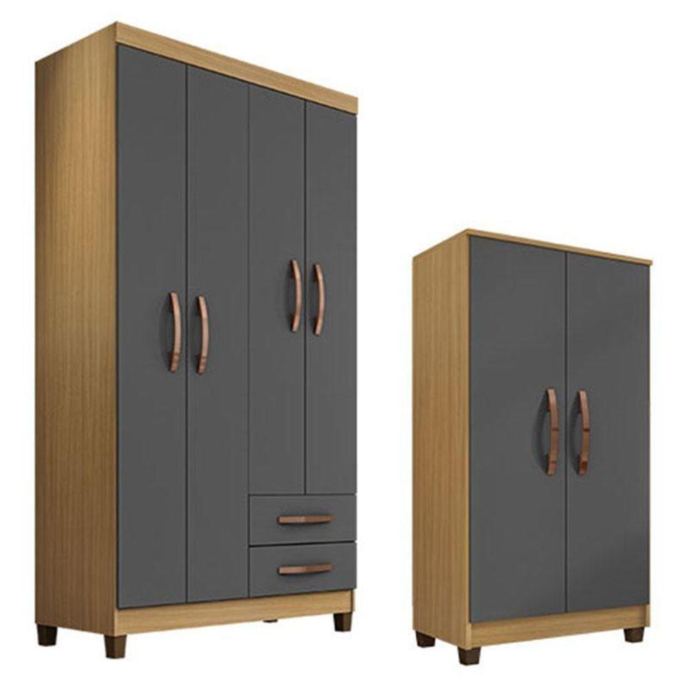 Guarda Roupa Solteiro Modena Com 4 Portas E Armário Multiuso Recife Carvalho Americano Grafite – Incorplac - 1