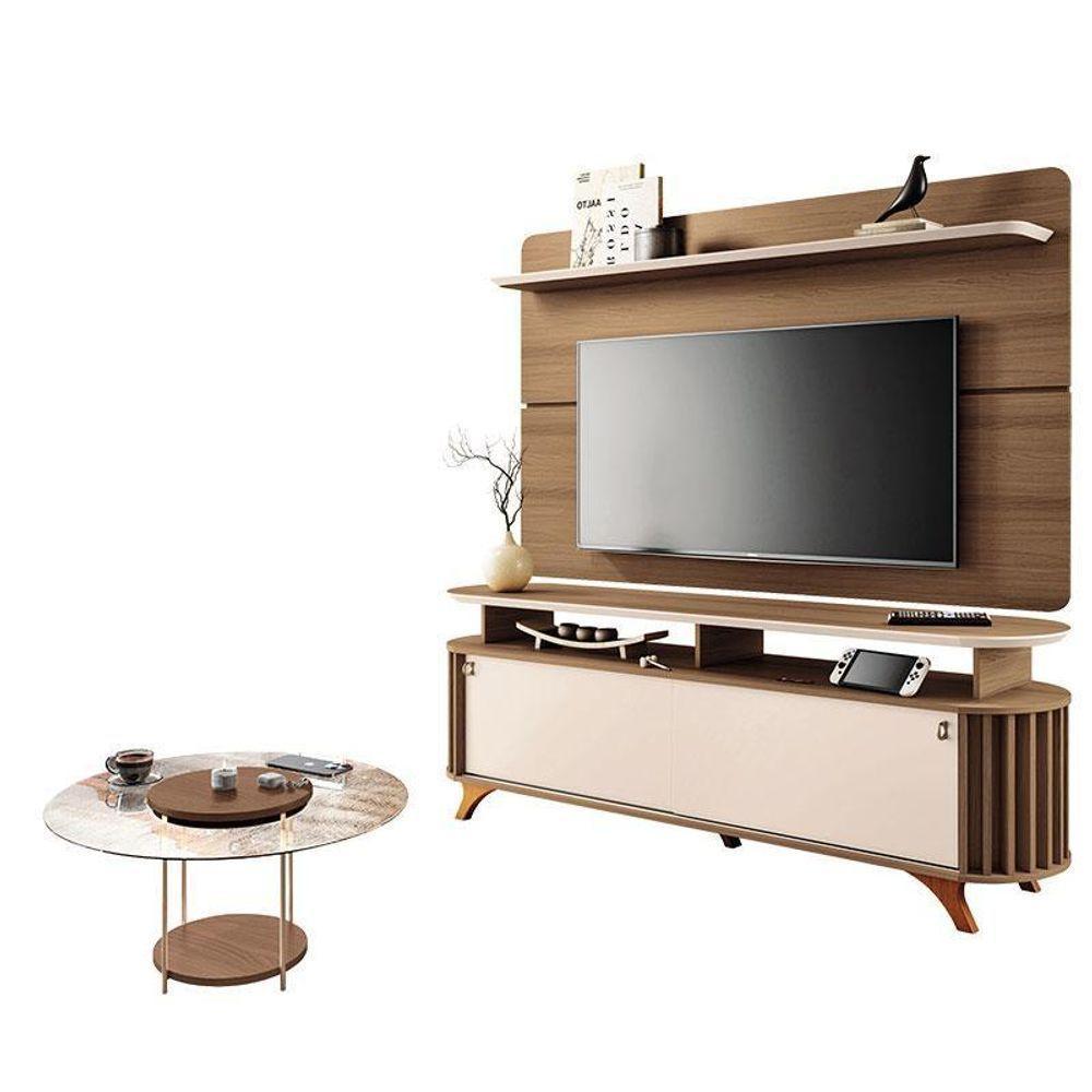 Rack Bancada Alba Com Painel Curv Com Mesa De Centro Sky Com Tampo De Vidro Castanho Off White – Hb Móveis - 1