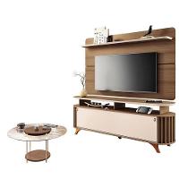 Rack Bancada Alba Com Painel Curv Com Mesa De Centro Sky Com Tampo De Vidro Castanho Off White – Hb Móveis - 1