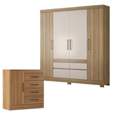 Cômoda e Guarda Roupa Casal Montevidéu Bilbao 4 Portas de Bater 4 Gavetas MDP Amêndola Touch Off