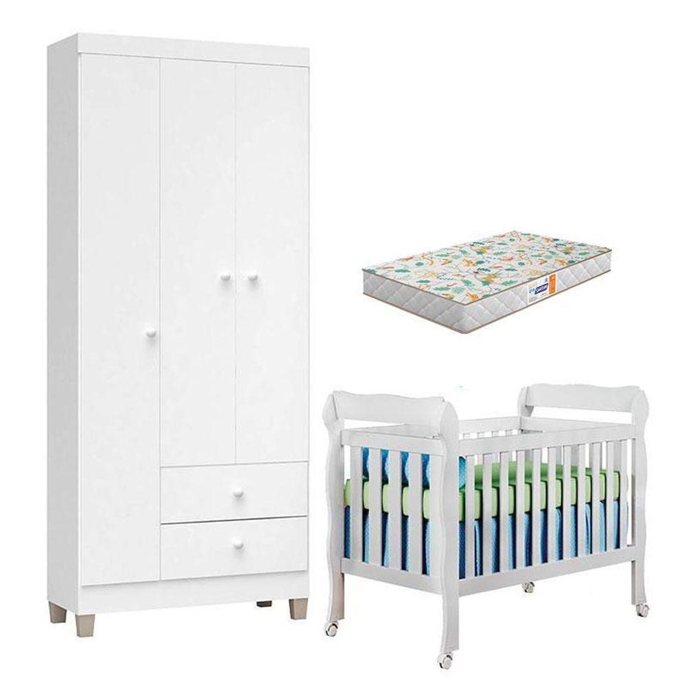 Berço Americano Lila Com Colchão Gazin E Guarda Roupa Ternura Baby 3 Portas Branco Brilho - Incorplac - 1