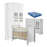 Quarto De Bebê New Selena 3 Portas Com Cômoda Selena E Berço Mirelle Branco Brilho E Colchão Ortobom – Carolina Móveis - 1