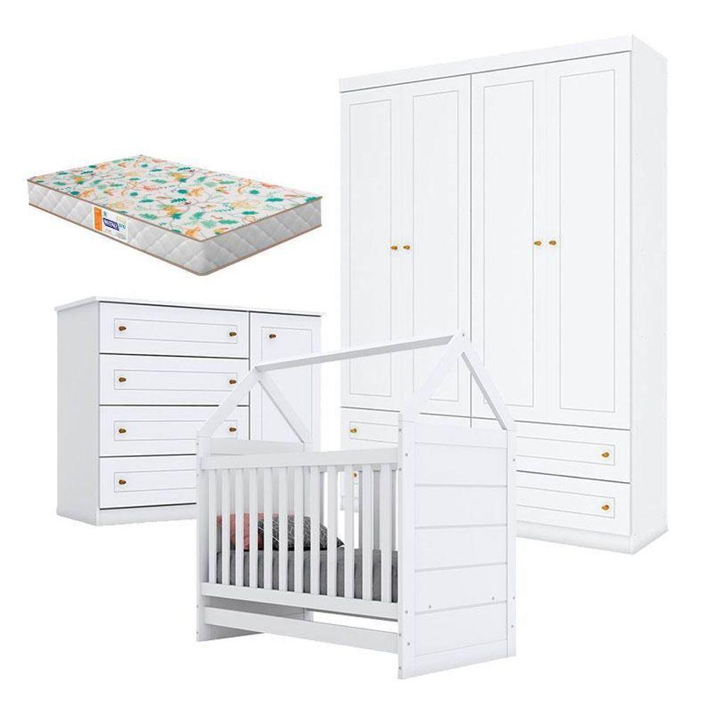 Quarto De Bebê Mississipi 4 Portas Com Berço Montessoriano Americano Branco E Colchão Gazin - Henn - 1