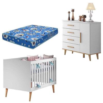 Berço Americano e Cômoda Infantil Ludmila 4 Gavetas MDF 133 cm Branco Bétula Carolina